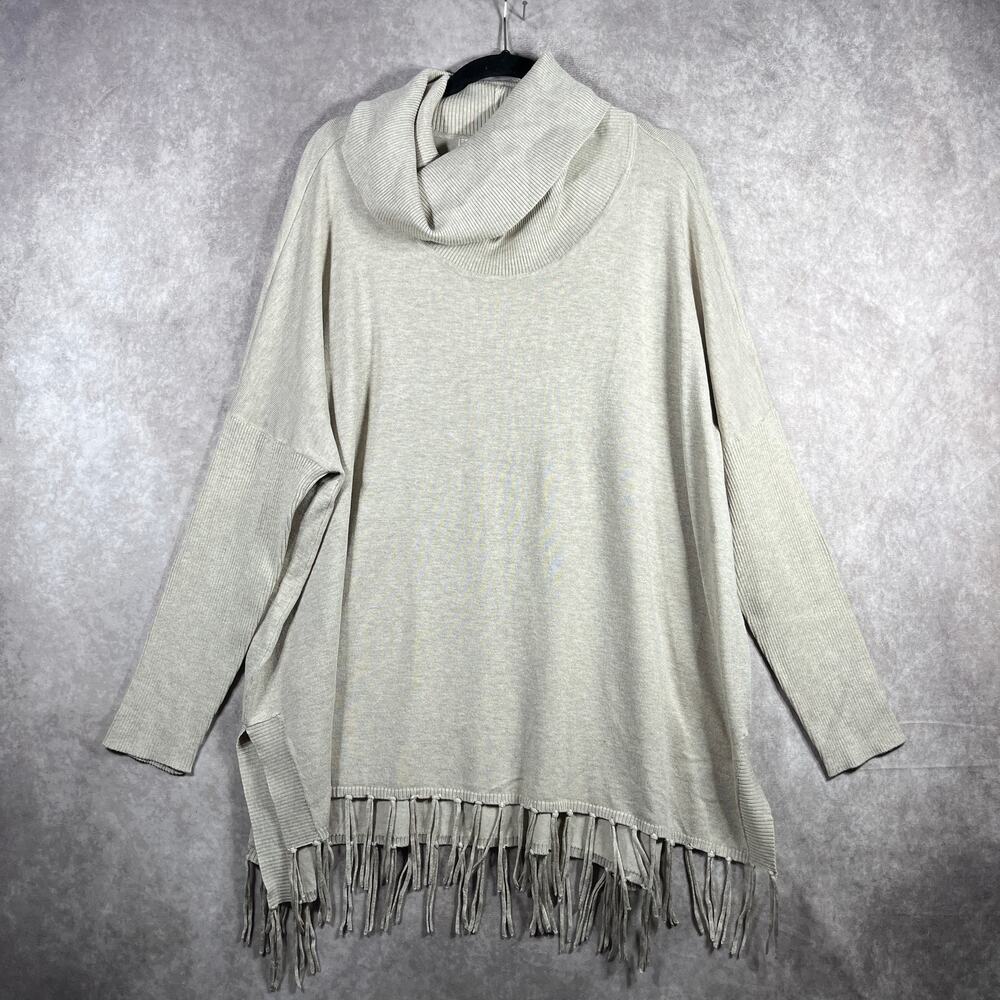 Boston Proper Sweater Womens Large Tan Knit Turtleneck Fringe Hem Pullover